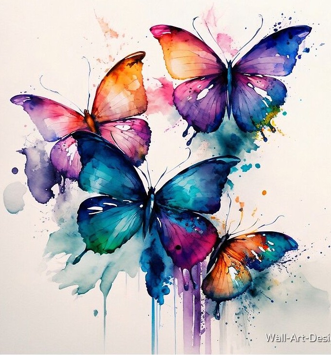 Four watercolor butterflies in vibrant rainbow colors with paint splashes on white background