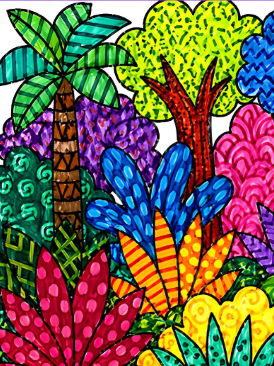 Colorful pop-art illustration of patterned tropical trees and plants in bright rainbow hues