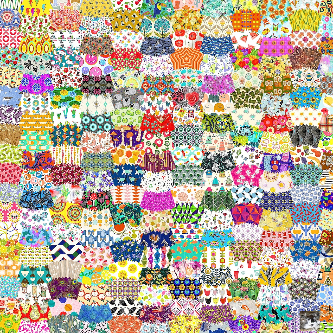 Dense grid of colorful patchwork squares with flowers, patterns, and geometric designs in various bright hues