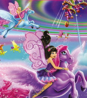 Barbie fairy character with wings in a magical pastel fantasy scene