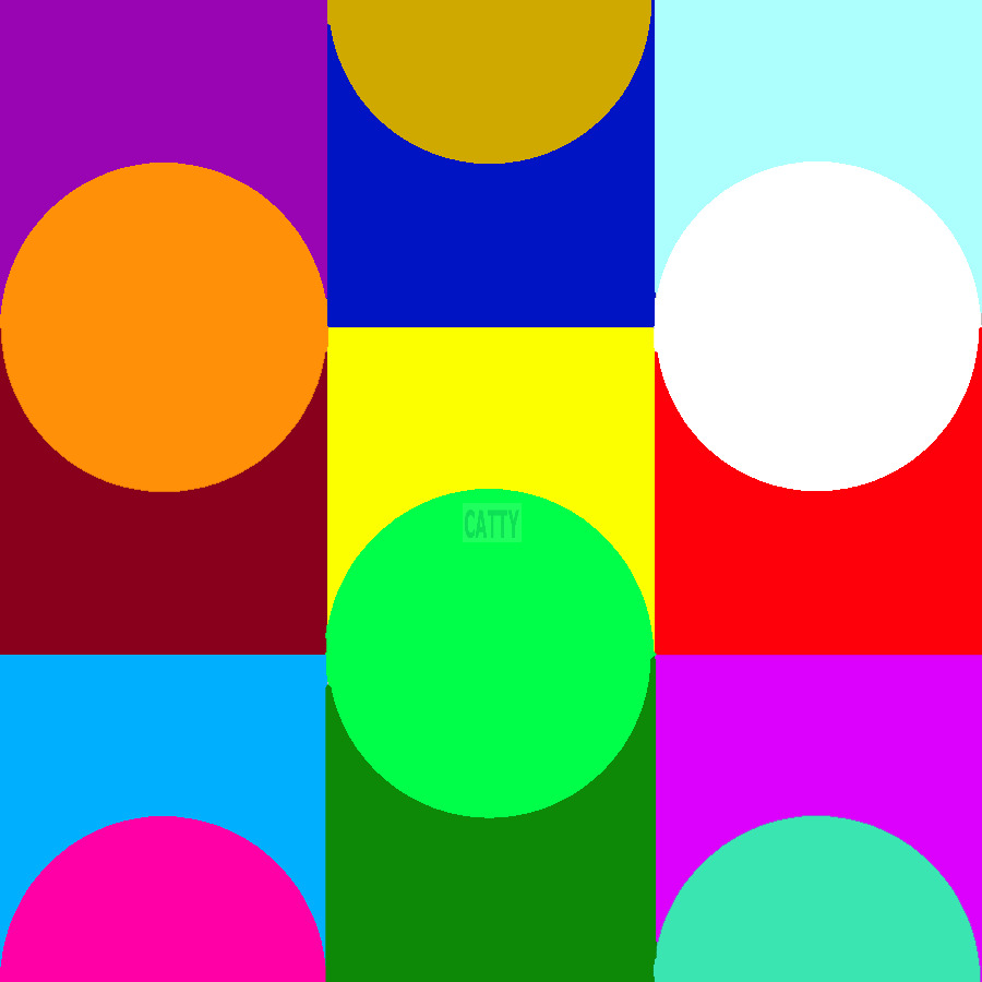 Grid of nine colored squares each containing a circle in contrasting bright colors
