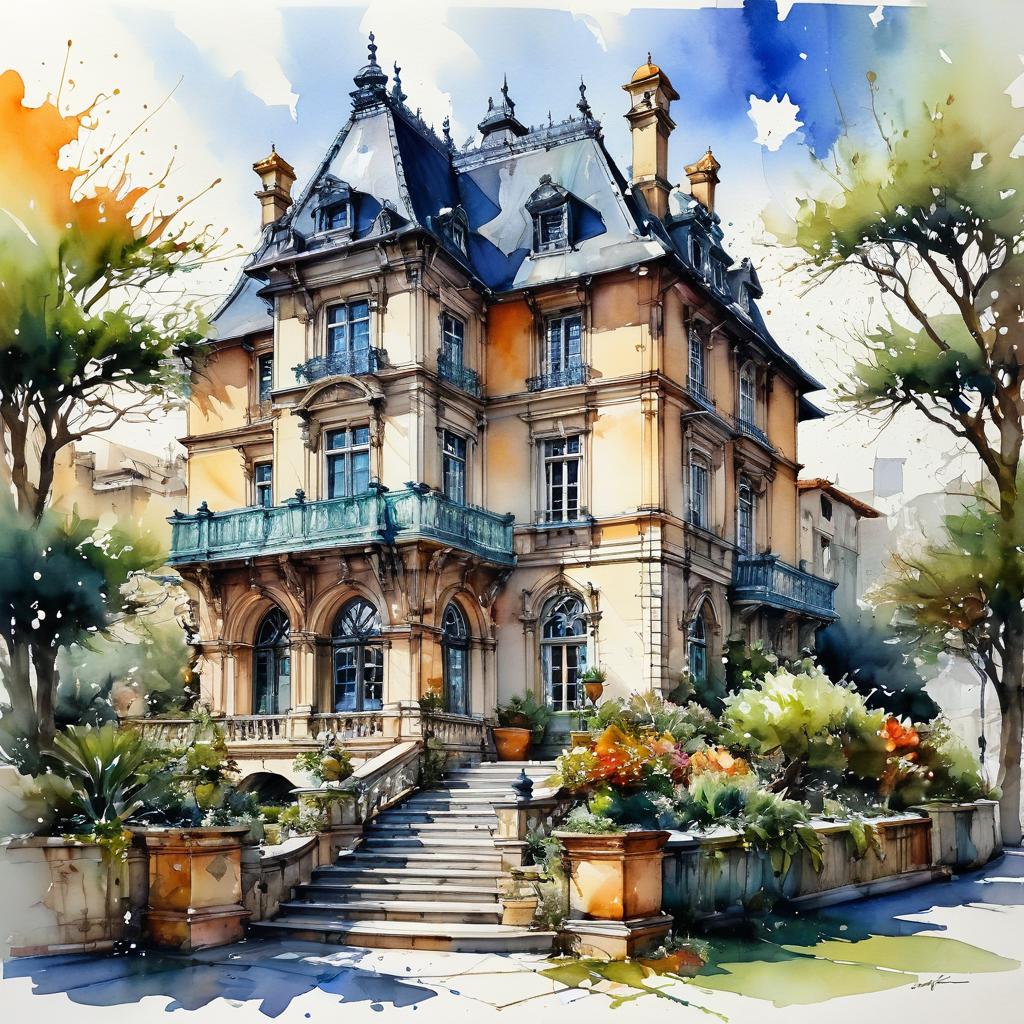 Watercolor painting of ornate Victorian mansion with grand staircase and gardens