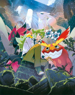 Anime trainer with green hair surrounded by colorful Pokemon in a fantastical mountain setting