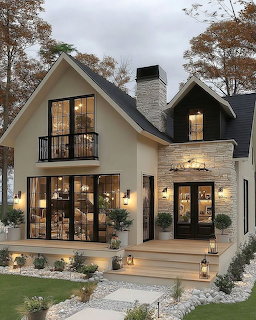 Modern farmhouse with white siding, stone chimney, and illuminated windows at twilight