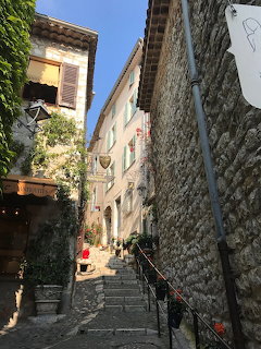 Narrow stone alley with stairs between old buildings in Vence, France
