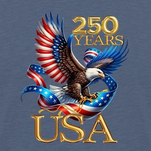 Bald eagle with American flag wings and patriotic ribbon with text 250 Years USA on blue background