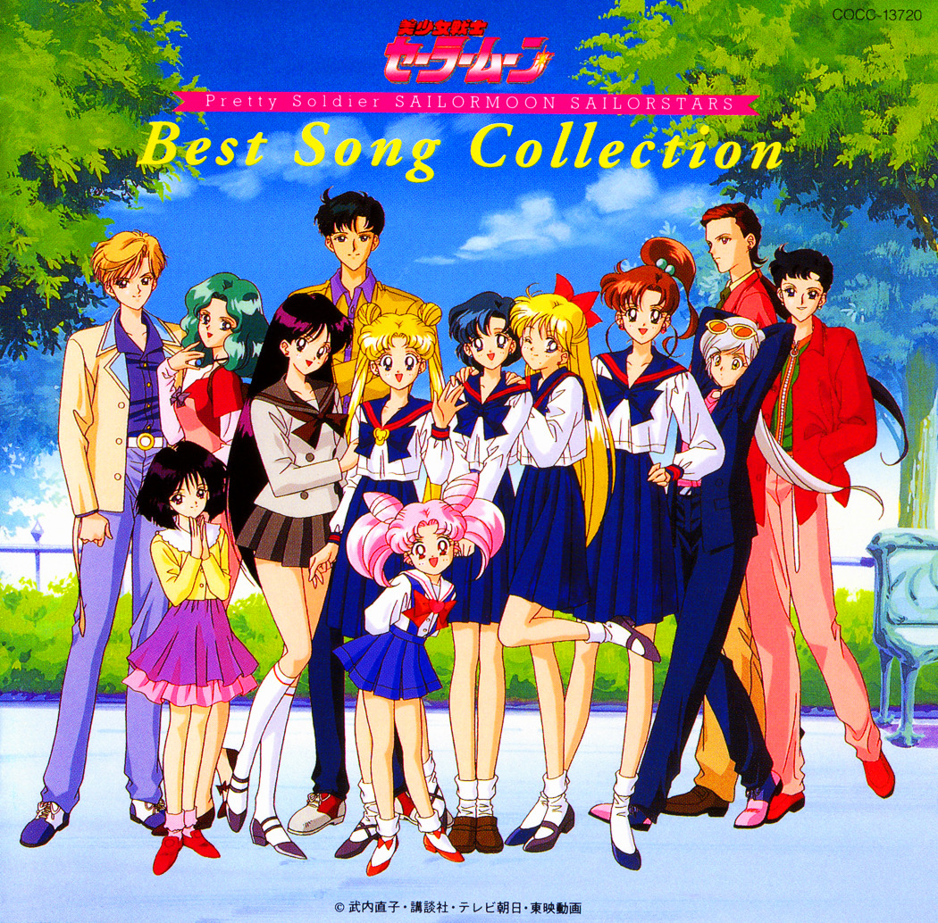 Anime characters from Sailor Moon standing together outdoors under leafy green trees