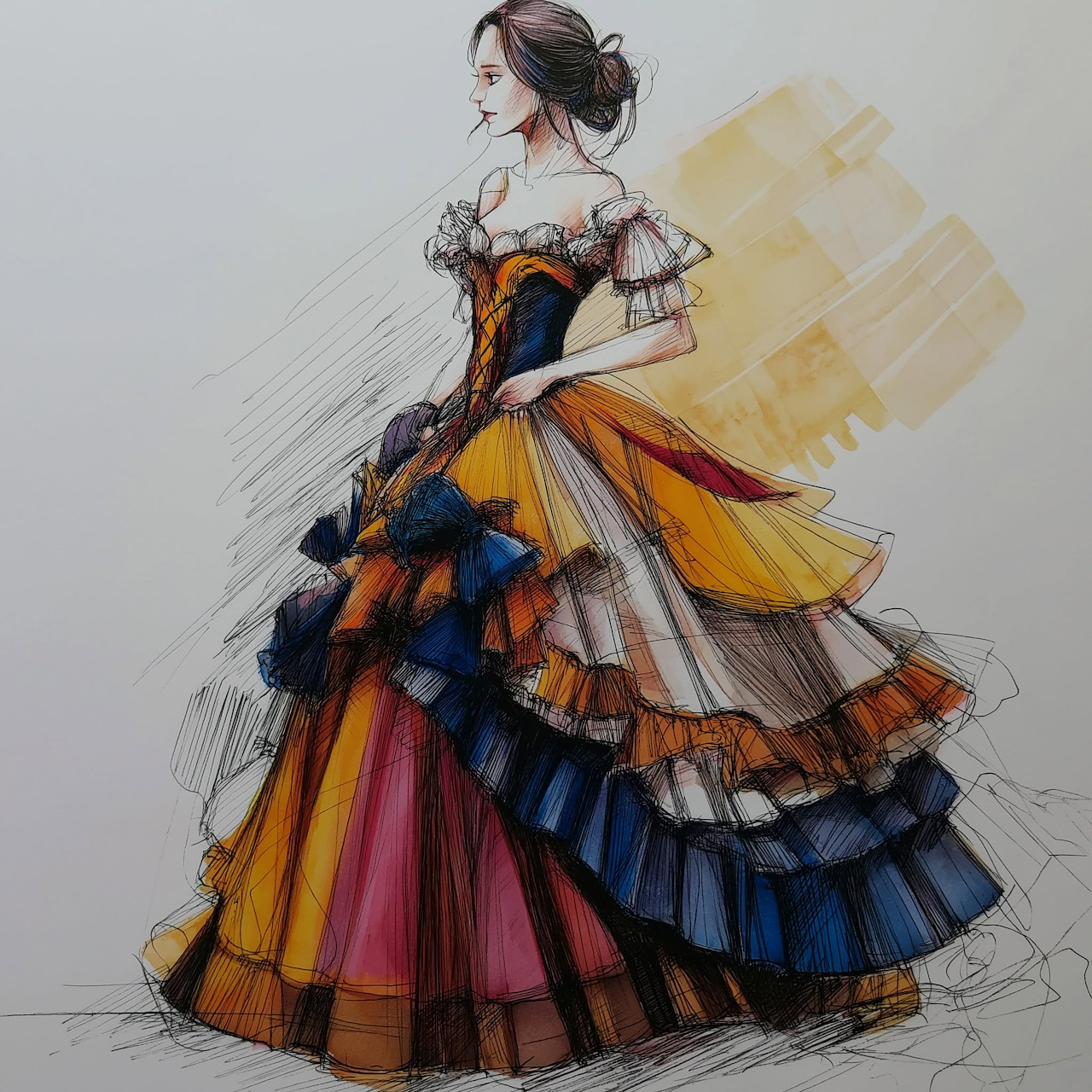 Fashion illustration of woman in colorful multi-tiered ball gown with orange, blue and yellow layers