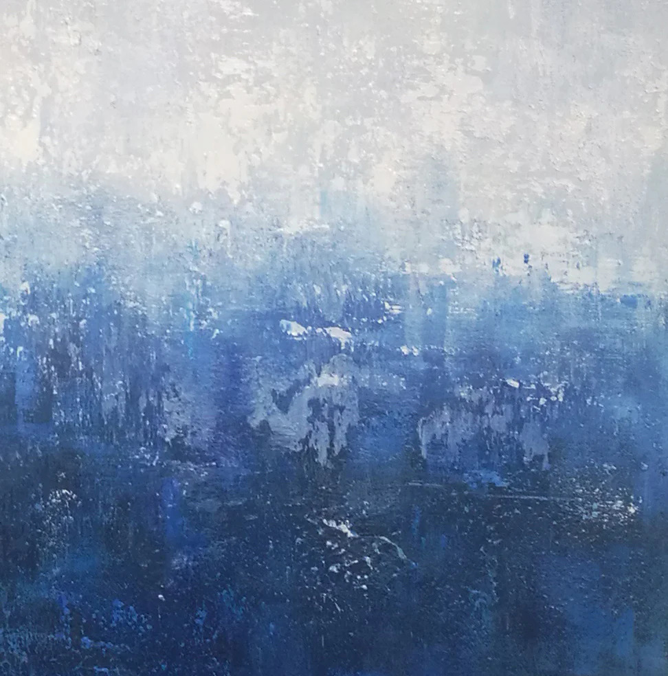 Abstract painting with textured white upper area and layered deep blue tones below