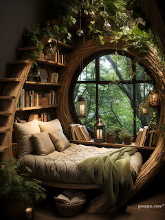 Circular wooden reading nook with bookshelves, cushions, and a round window surrounded by green foliage