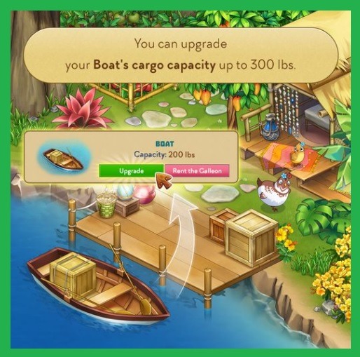 Colorful farm game interface with boat upgrade dialog, wooden dock, garden plots, and decorative plants