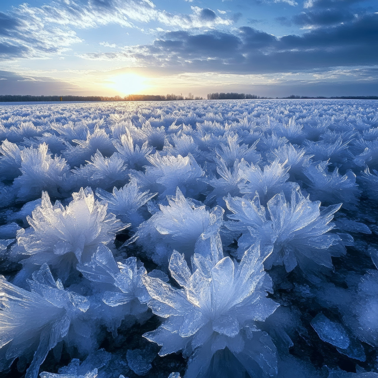 Field of intricate ice crystal formations like white flowers at sunset