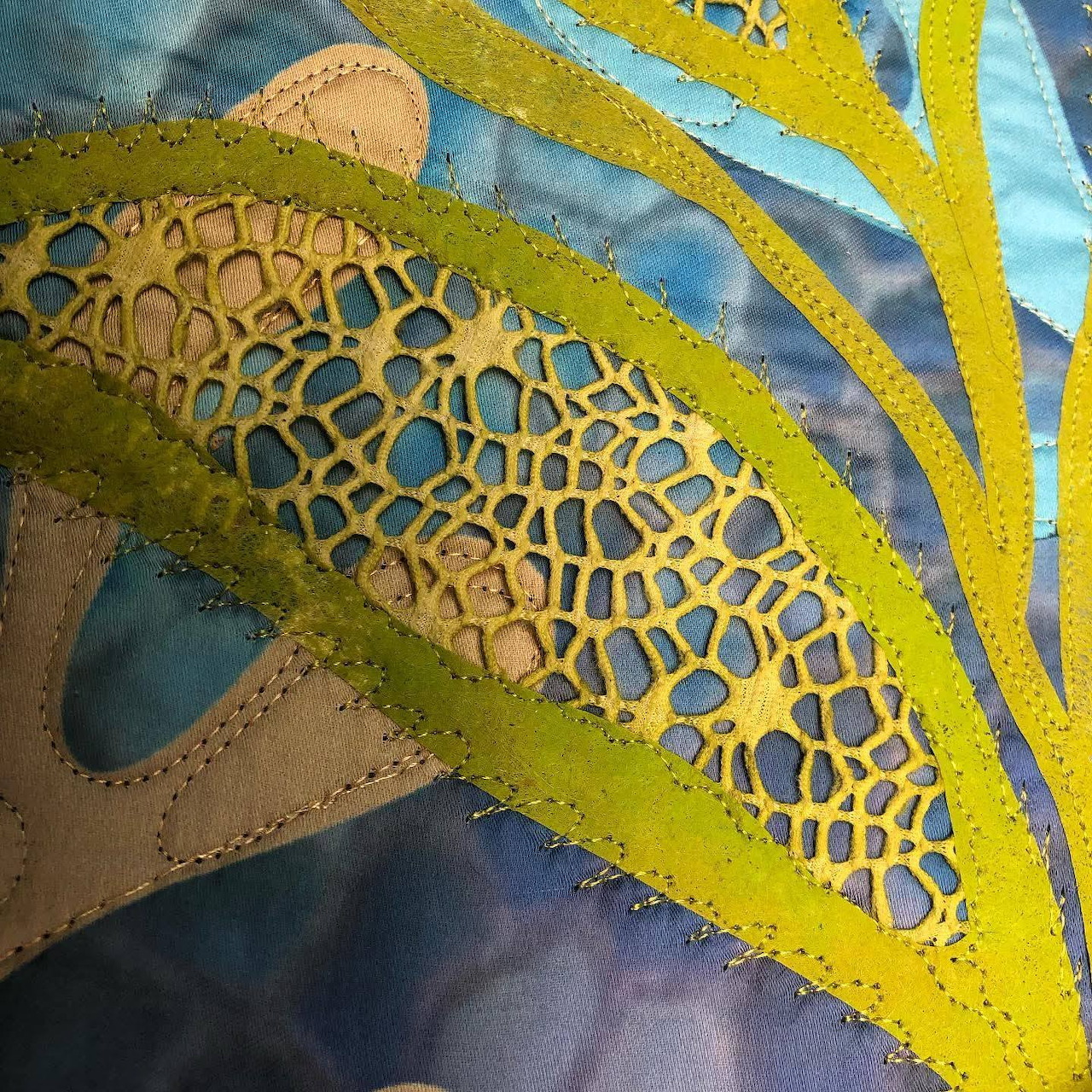 Abstract watercolor painting with curved shapes, mosaic patterns, and blue and yellow colors