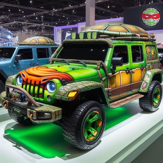 Bright custom Jeep with turtle-themed artwork on display at an indoor car show