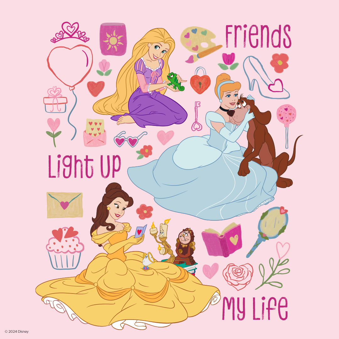 Three Disney princesses with hearts, flowers, and text on pink background