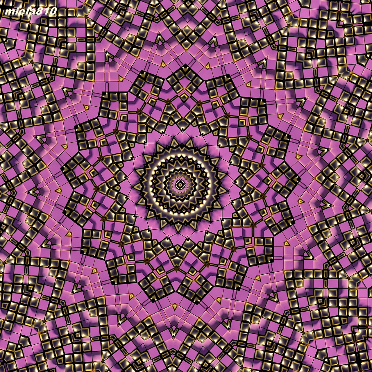 Symmetrical mandala with pink and purple geometric patterns radiating from ornate center in concentric circles
