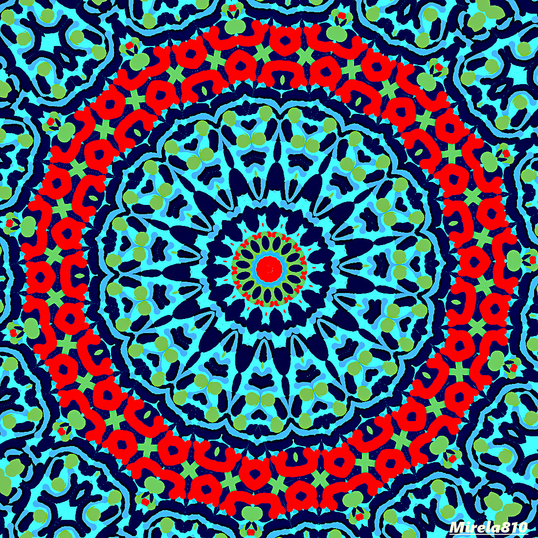 Colorful symmetrical mandala with red outer ring, turquoise center, and ornate geometric patterns in blue and yellow