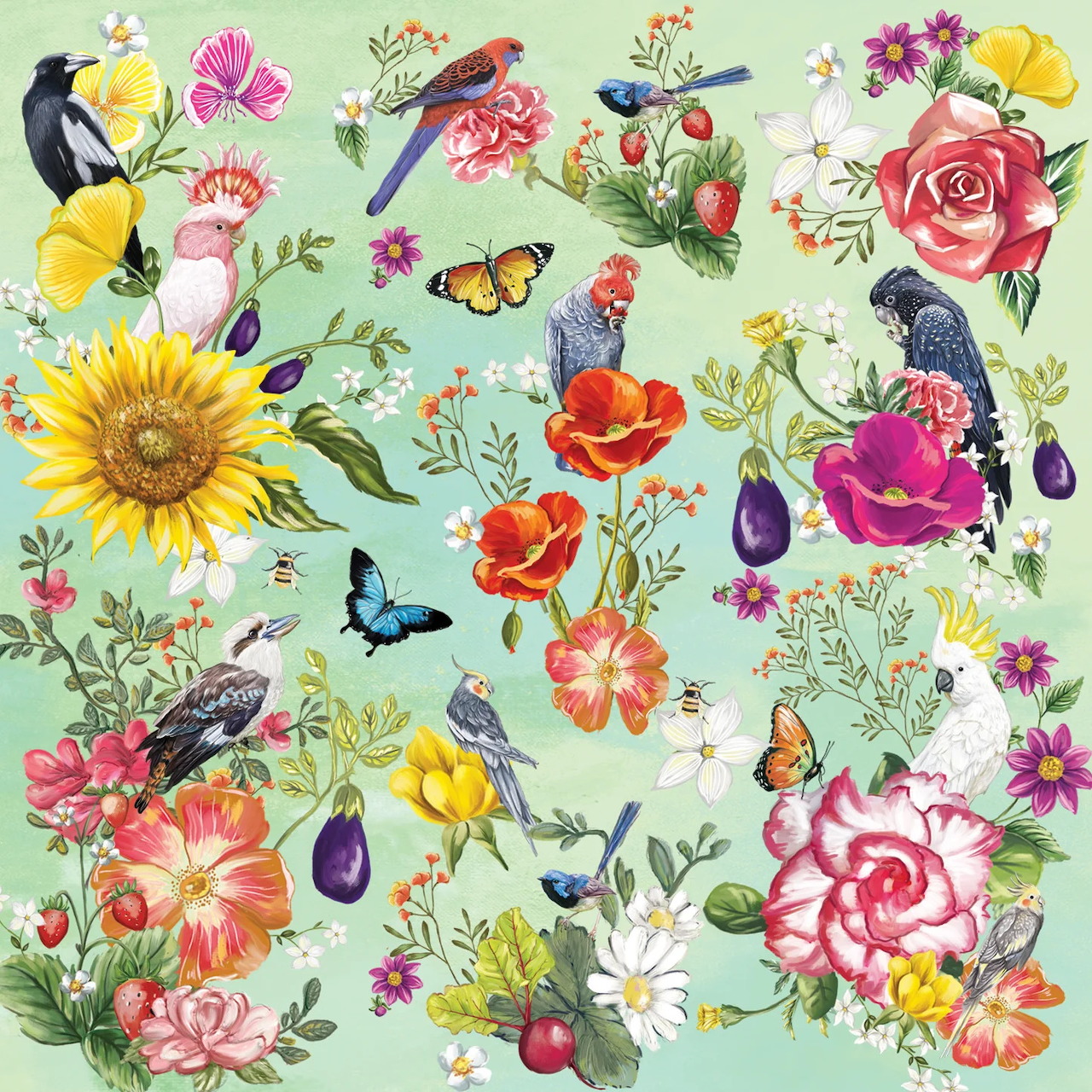 Colorful botanical arrangement with flowers, butterflies, birds and fruits on mint green background