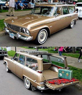 Tan and white 1963 Studebaker Wagonaire station wagon at classic car show with sliding roof open