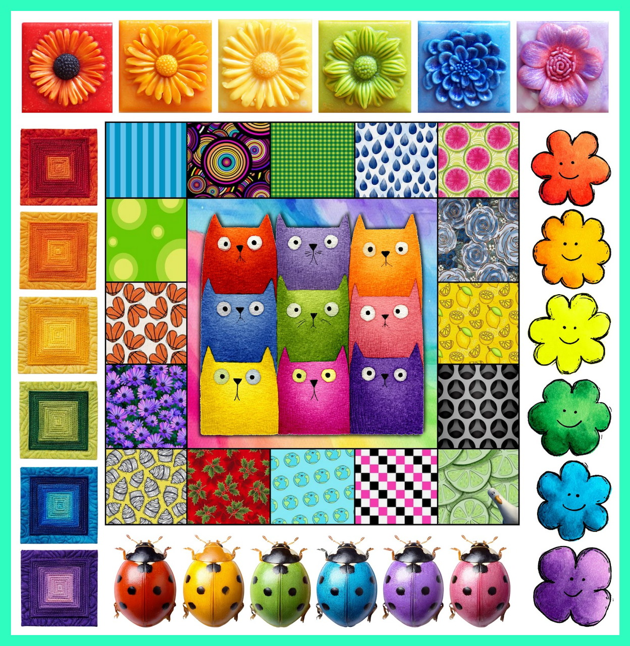 Colorful patchwork collage with six stylized cats, patterned squares, flowers, and rainbow ladybugs