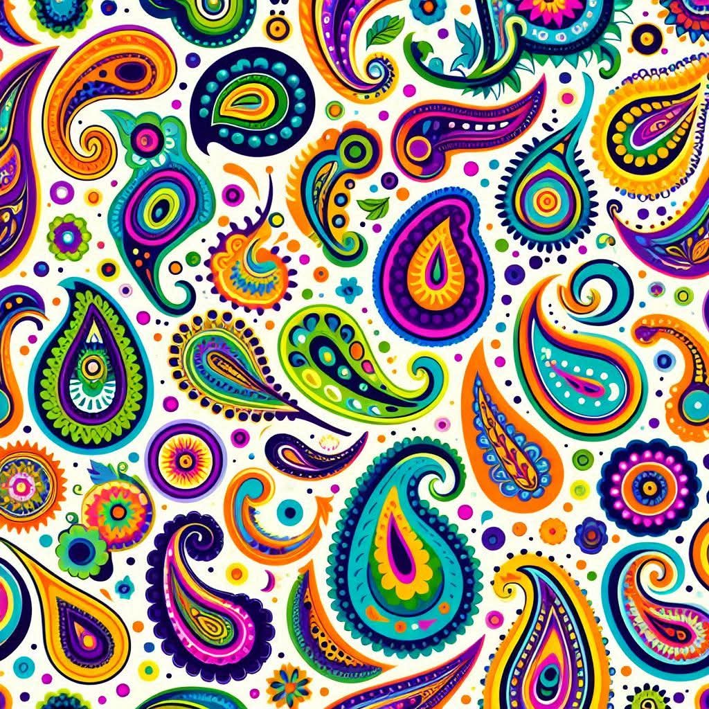 Colorful paisley pattern with bright teardrop shapes and dotted floral details on a white background