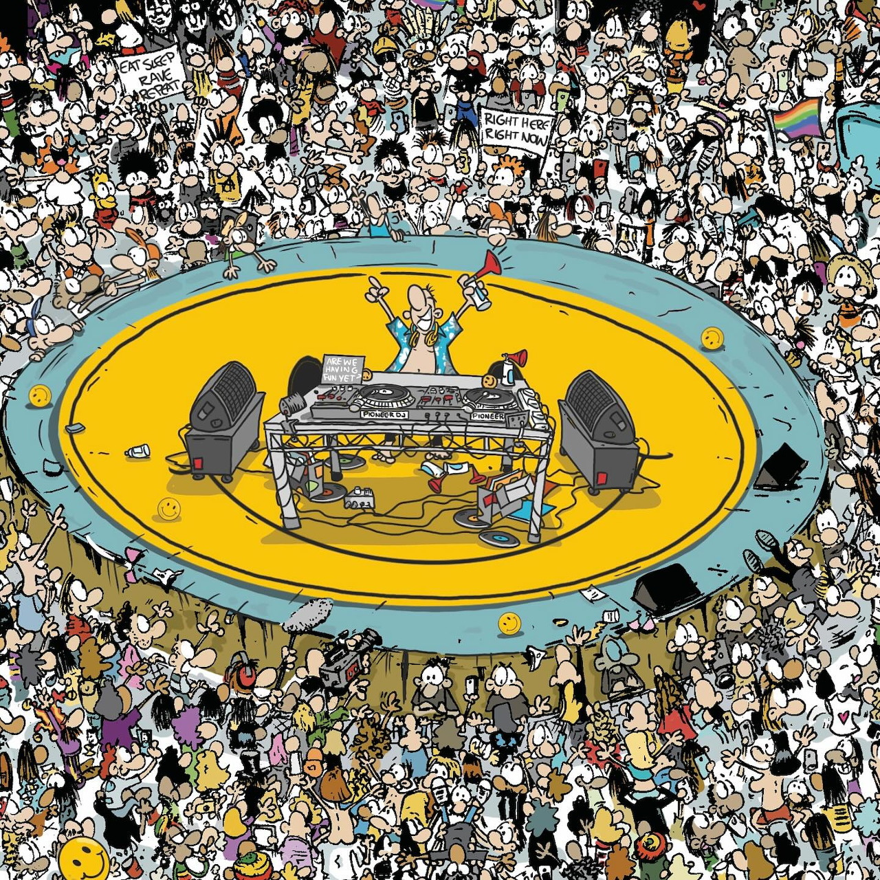 Aerial view of illustrated concert crowd encircling a yellow stage with DJ booth