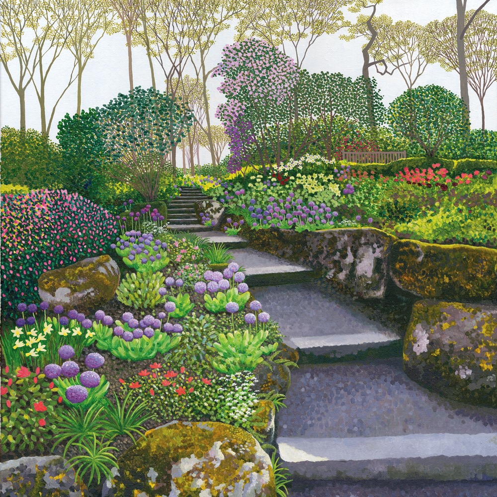 Stone steps through a colorful garden with flowers, shrubs, and trees