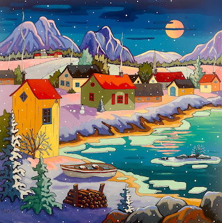 Painted winter village scene with colorful houses along frozen lake shore under moonlit sky and snow-capped mountains