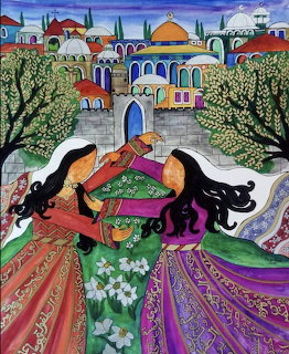 Painting of women in colorful traditional dresses dancing near olive trees with Jerusalem cityscape behind