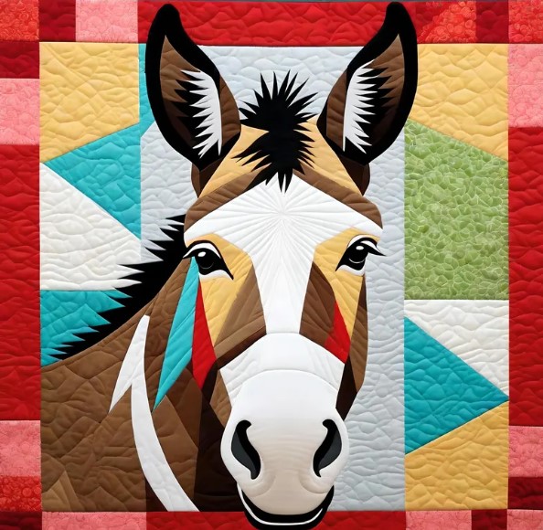 Illustration of a donkey face centered on a colorful geometric patchwork quilt background