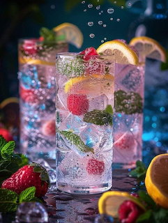 Two sparkling fruit drinks with raspberries, lemon slices, and mint in clear glasses