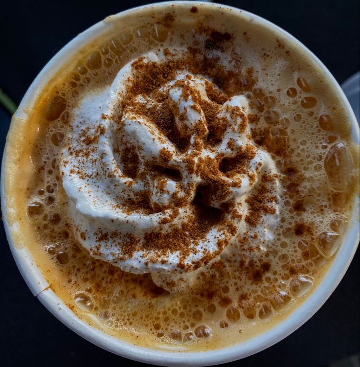 Overhead view of pumpkin spice latte with whipped cream and cinnamon in white cup