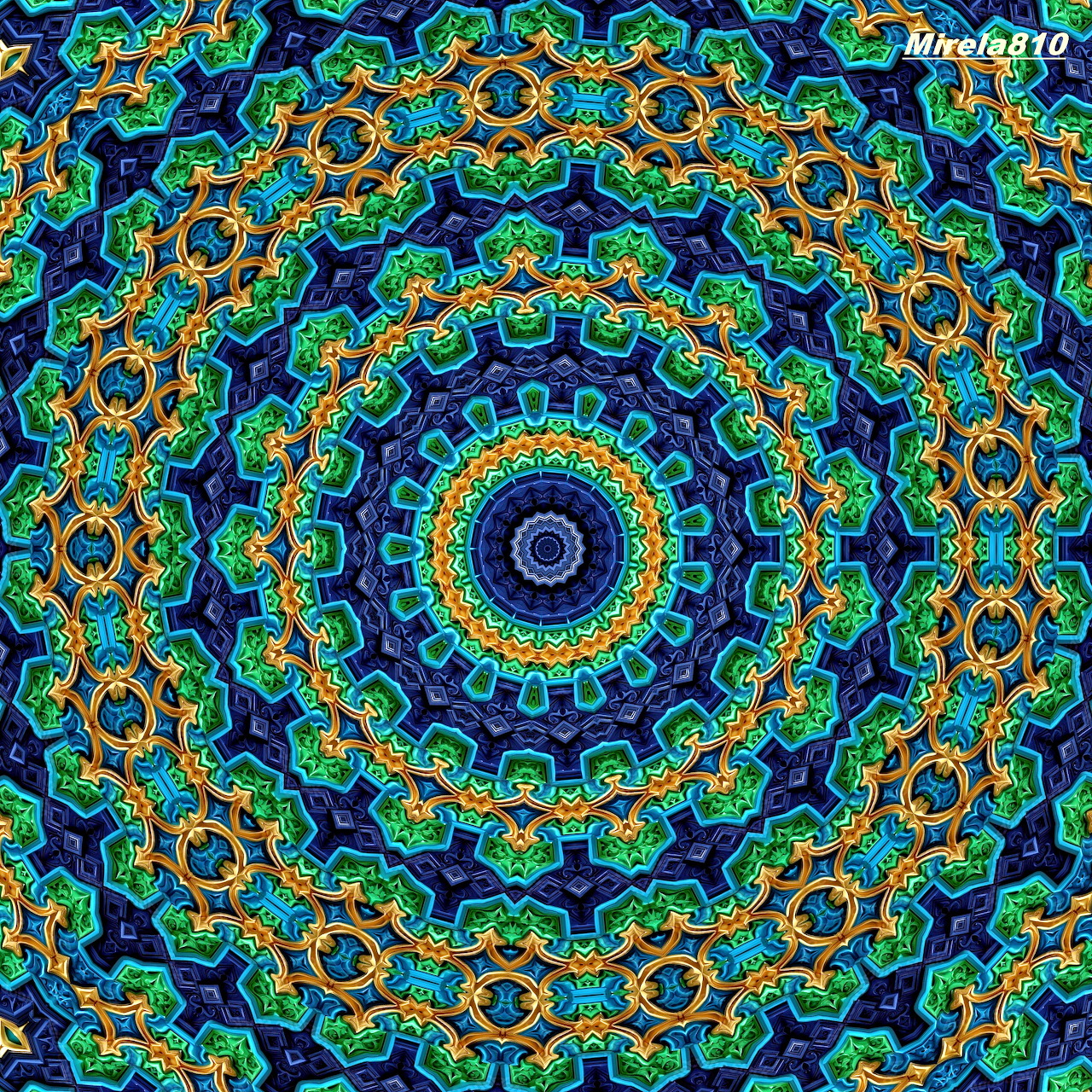 Colorful mandala with blue, green, orange rings and ornate symmetrical patterns