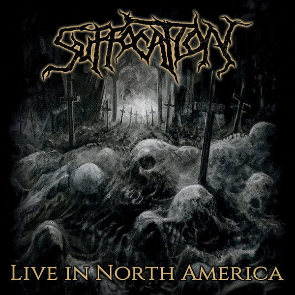 Death metal album cover showing skulls and skeletal remains in dark forest with ornate metal band logo above