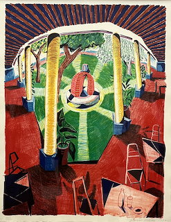 Colorful painting of a hotel terrace with tall yellow columns, red floor, chairs, and a striped centerpiece