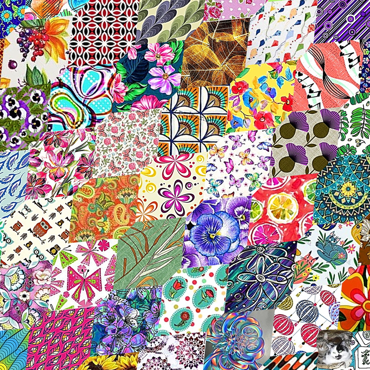 Colorful patchwork collage with various floral, geometric, and abstract fabric patterns arranged in a quilt-like grid