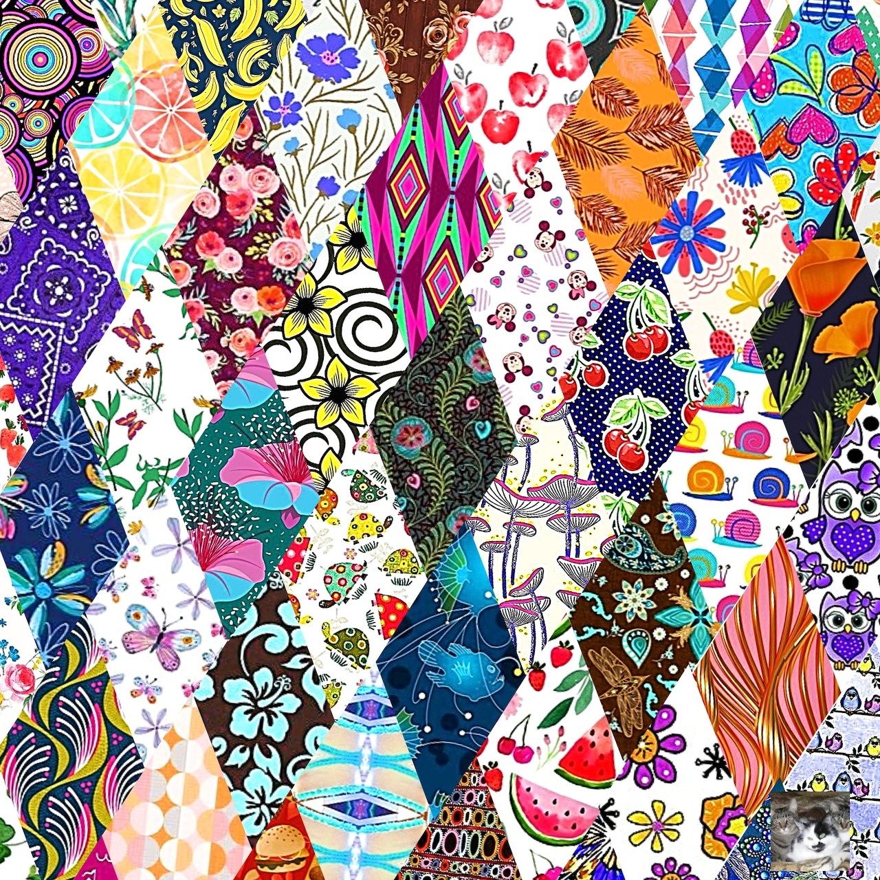 Vibrant patchwork collage with diverse colorful patterns, florals, mandalas, and geometric designs arranged in diamond shapes