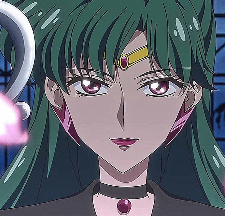 Close-up anime portrait of Sailor Pluto with long green hair and pink eyes