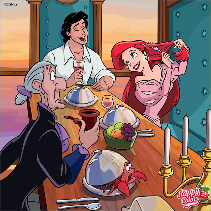 Ariel smiles at a dinner table with Prince Eric and an older man in a cartoon dining scene
