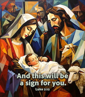 Cubist nativity scene showing Mary, Joseph, and baby Jesus with a sheep, overlaid with Luke 2:12 scripture verse.