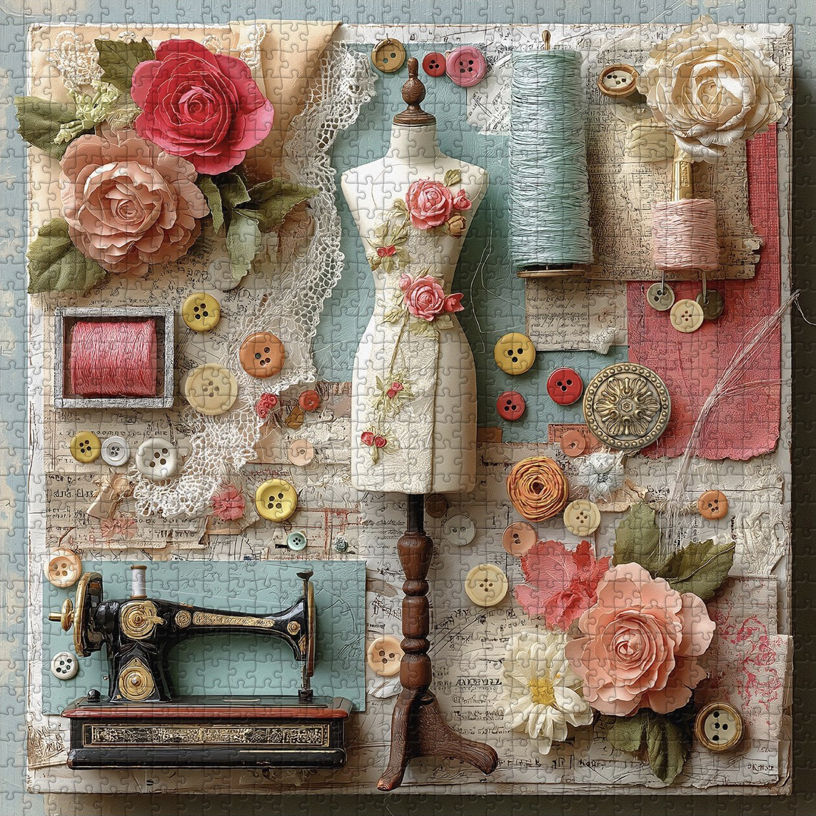 Vintage sewing flat lay with miniature dress form, sewing machine, fabric roses, thread spools, and buttons