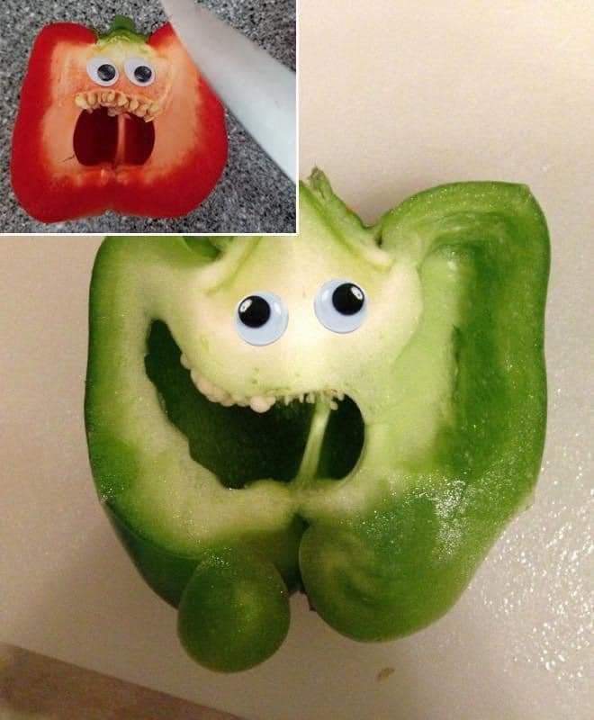 Sliced green bell pepper with googly eyes making a funny face, red pepper face inset top-left