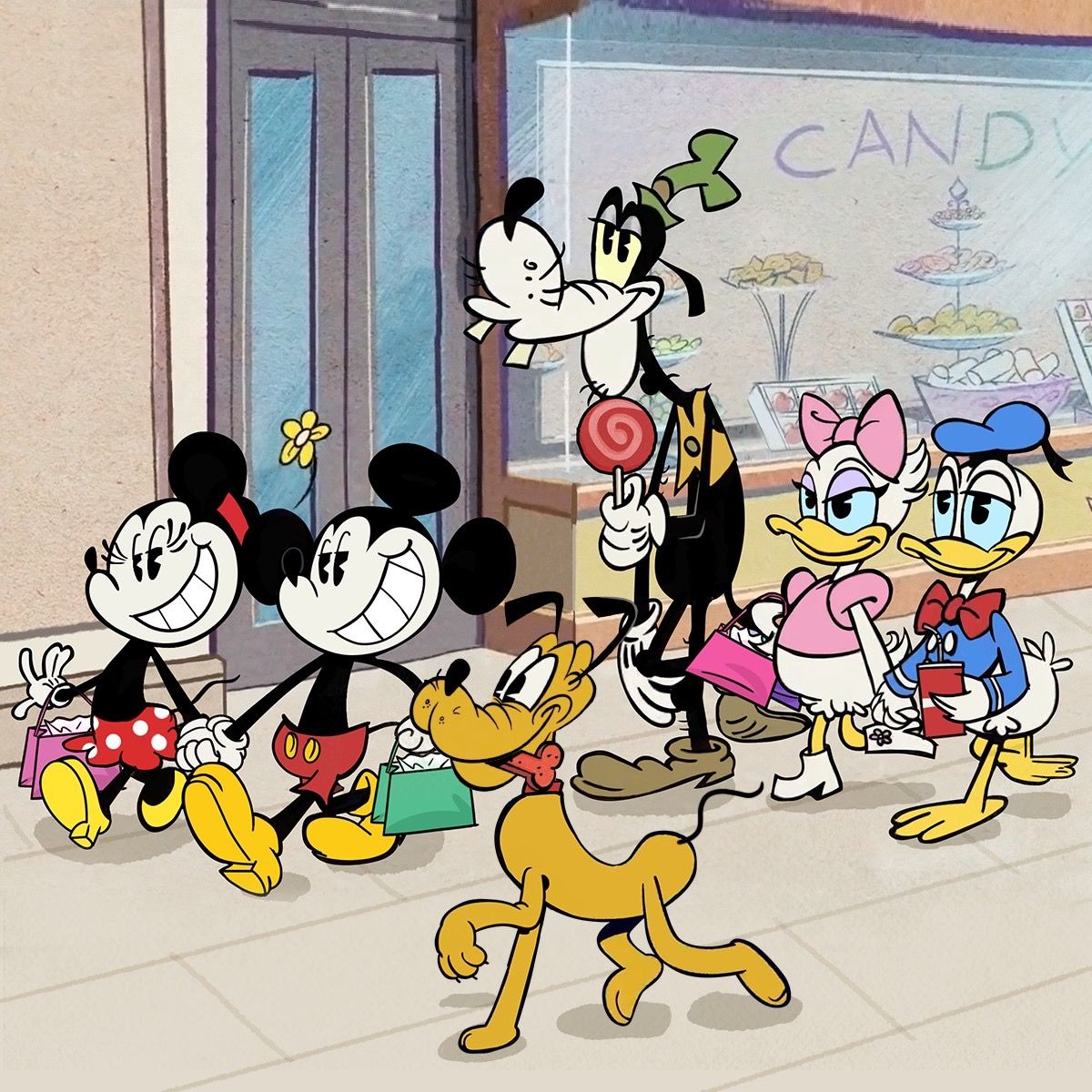 Mickey, Minnie, Goofy, Daisy, Donald, and Pluto in a cartoon scene by a candy shop