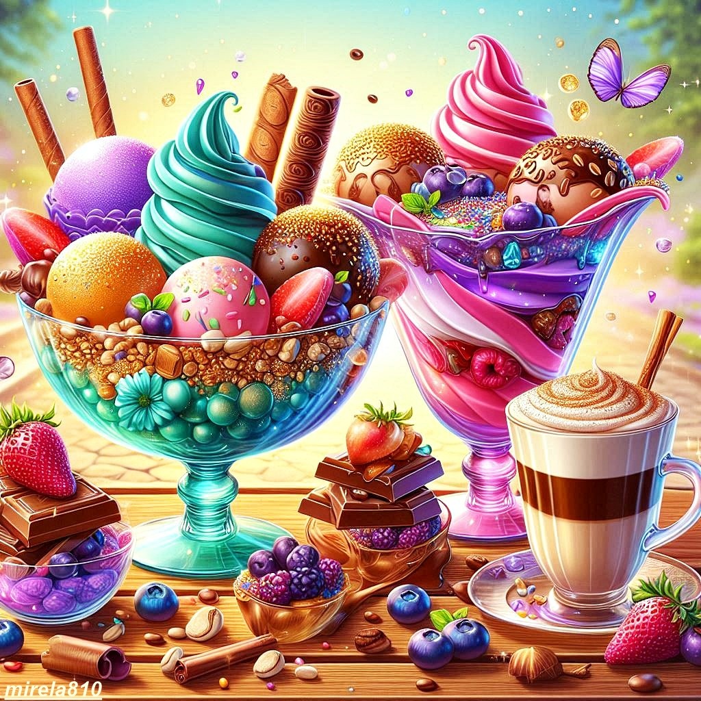 Colorful dessert spread with ice cream sundaes, macarons, donuts, berries and coffee in ornate glasses