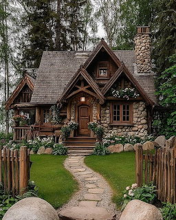 Stone cottage with peaked roofs and wooden door, garden path through green lawn, bordered by wooden fence and trees