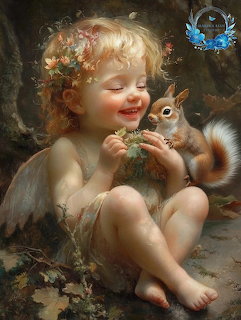 Painting of a smiling baby angel with wings holding a squirrel in a forest scene