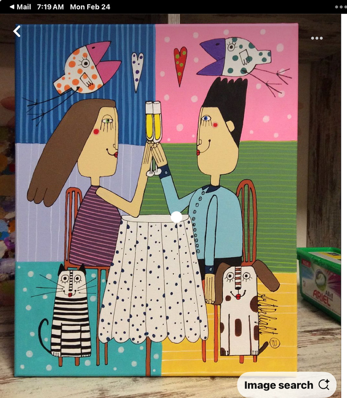 Colorful whimsical painting of a man and woman facing each other with patterned clothing and abstract details
