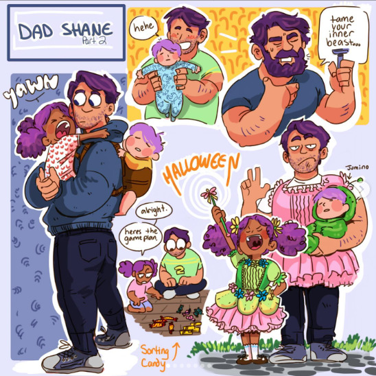 Cartoon collage of a bearded dad holding a baby in several colorful scenes