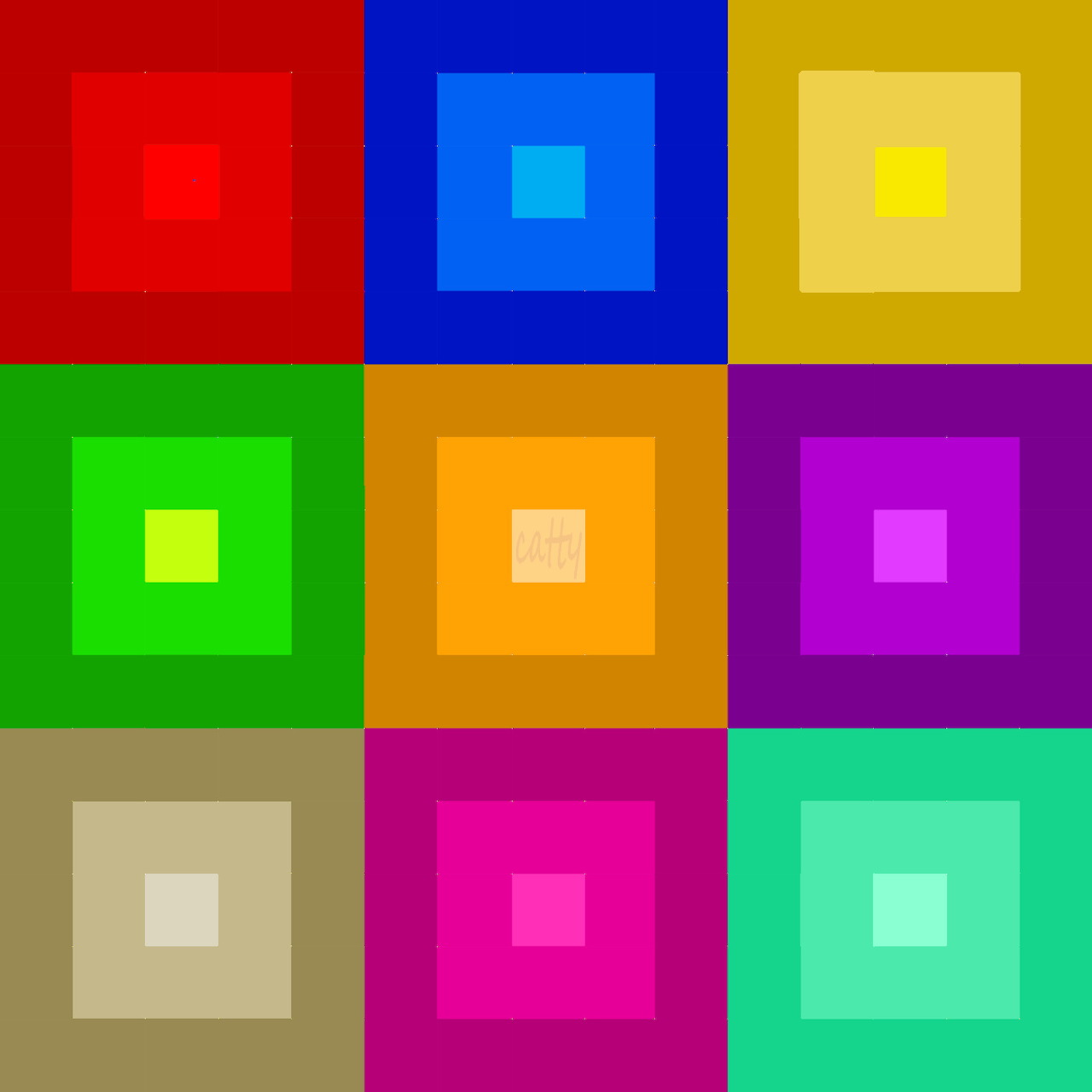 Grid of nine colorful squares with concentric nested squares in different color gradients