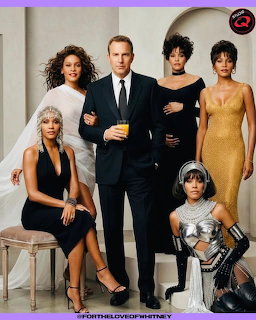 Man in black suit holding a drink surrounded by six women in various elegant outfits and costumes